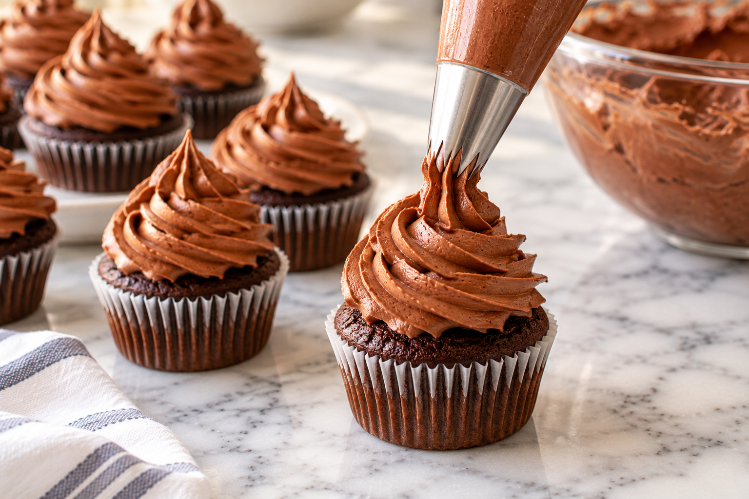 Piping a swirl of chocolate frosting onto a cupcake
