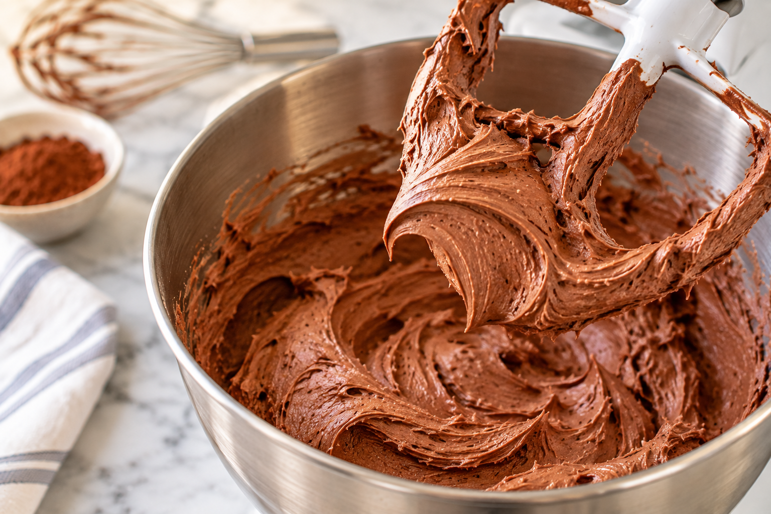 Chocolate frosting holding a soft peak on a mixer paddle