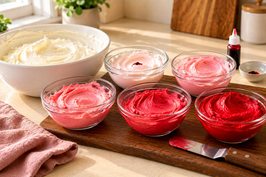 Five bowls of buttercream going from pale pink to deep red beside a bottle of red gel coloring