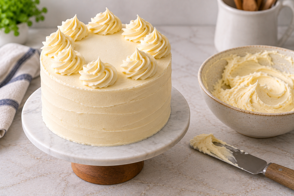 Frosted buttercream cake next to a bowl of buttercream
