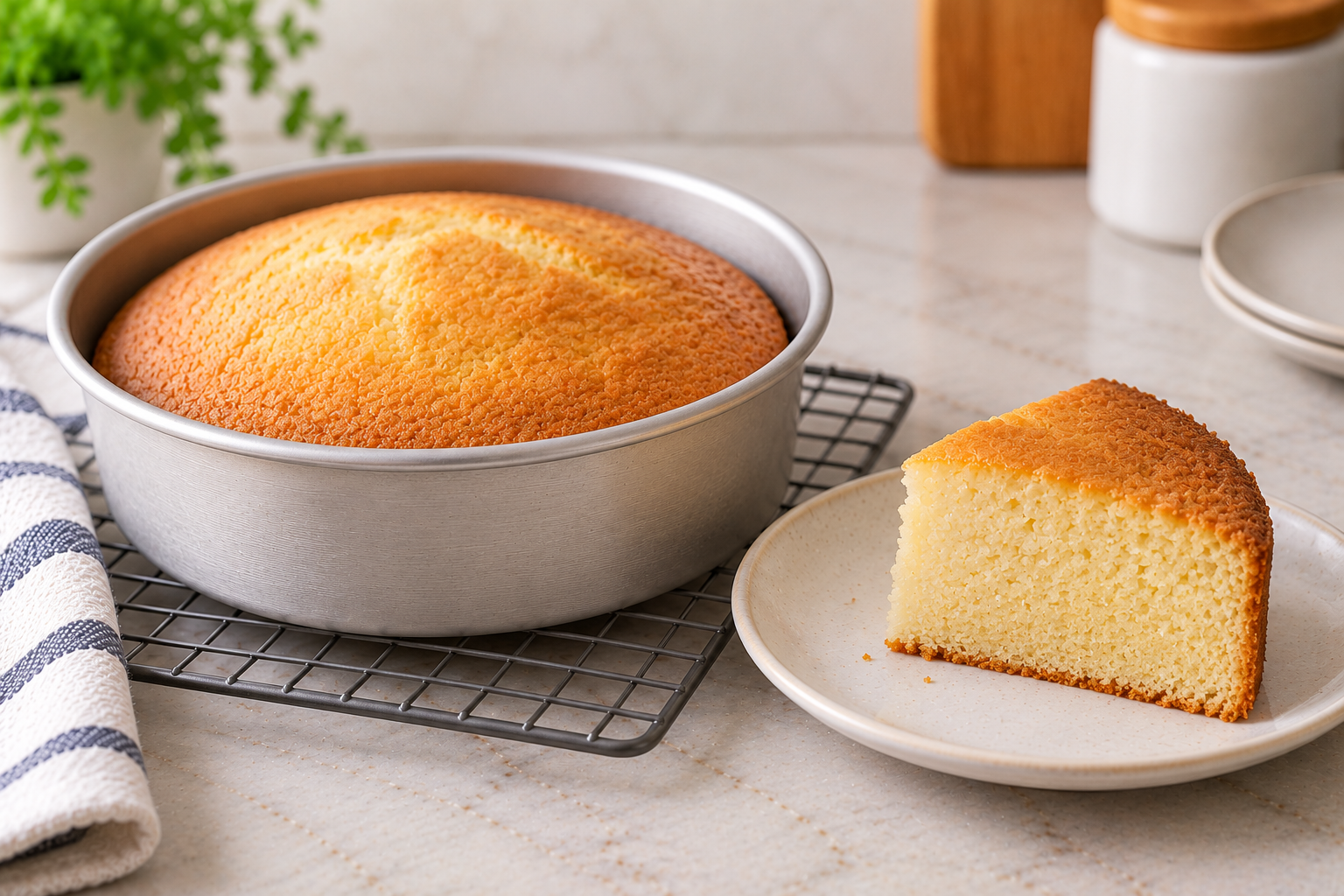 A vanilla cake cooling in a light metal pan beside a slice with a soft, even crumb
