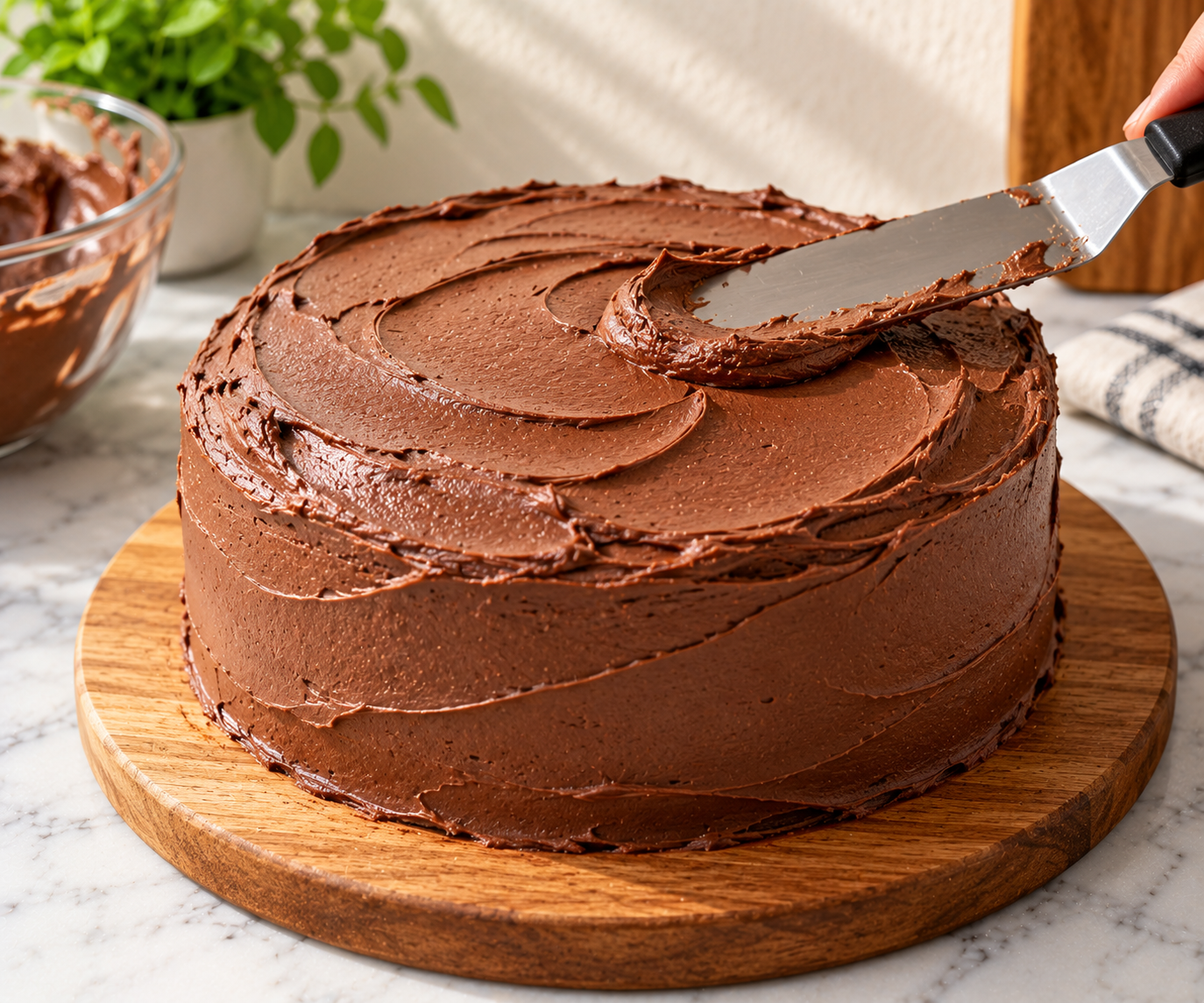 Spreading chocolate buttercream on an eggless chocolate cake