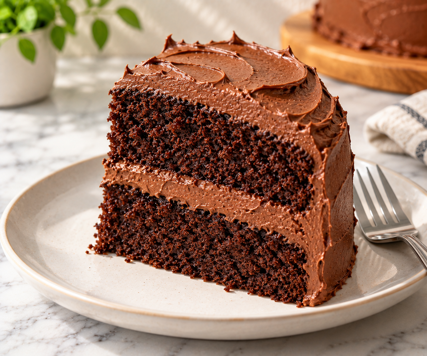 Slice of moist eggless chocolate cake with chocolate buttercream