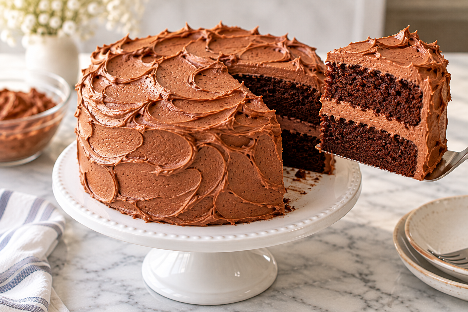 Layer cake covered in chocolate buttercream frosting with a slice removed