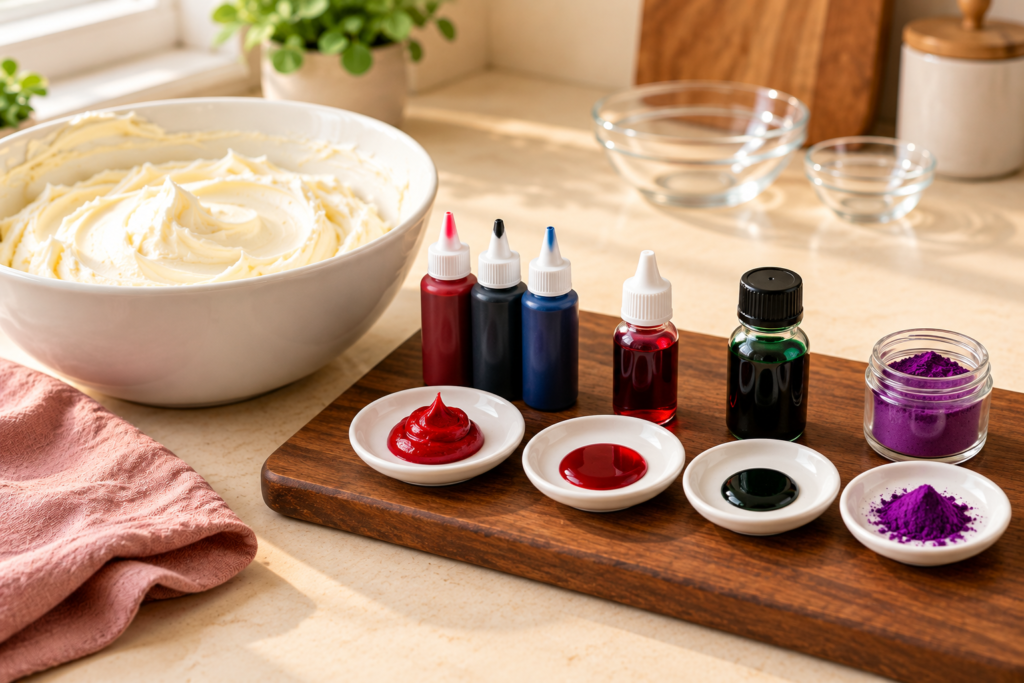 Gel, liquid, oil-based and powder food coloring lined up beside a bowl of buttercream