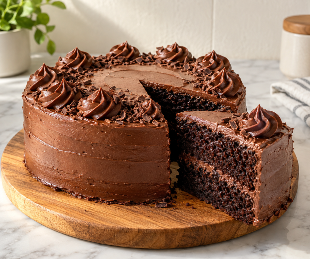 Eggless chocolate cake with chocolate buttercream and a slice cut out on a wooden board