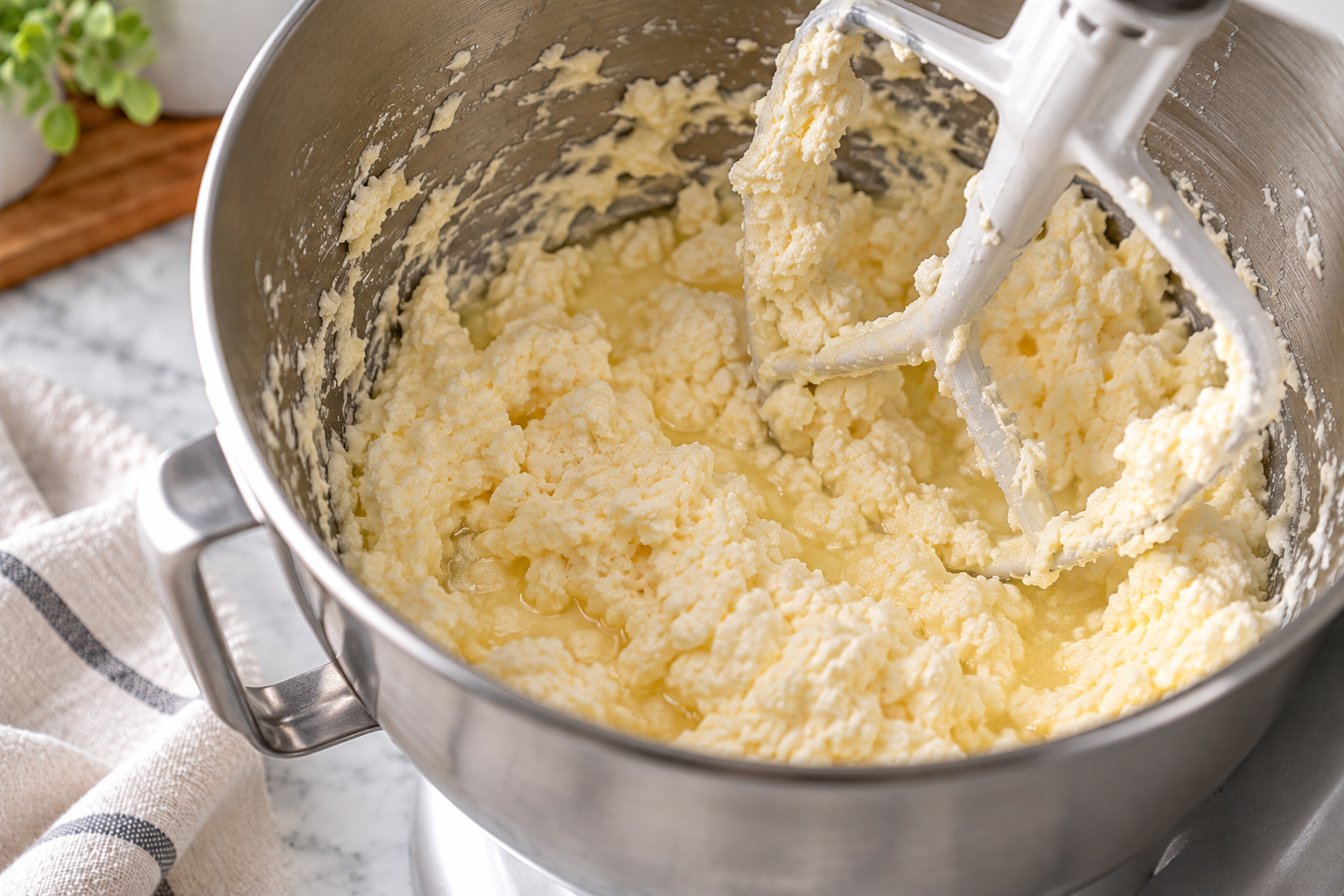 Split, curdled buttercream in a mixer bowl that looks separated and greasy