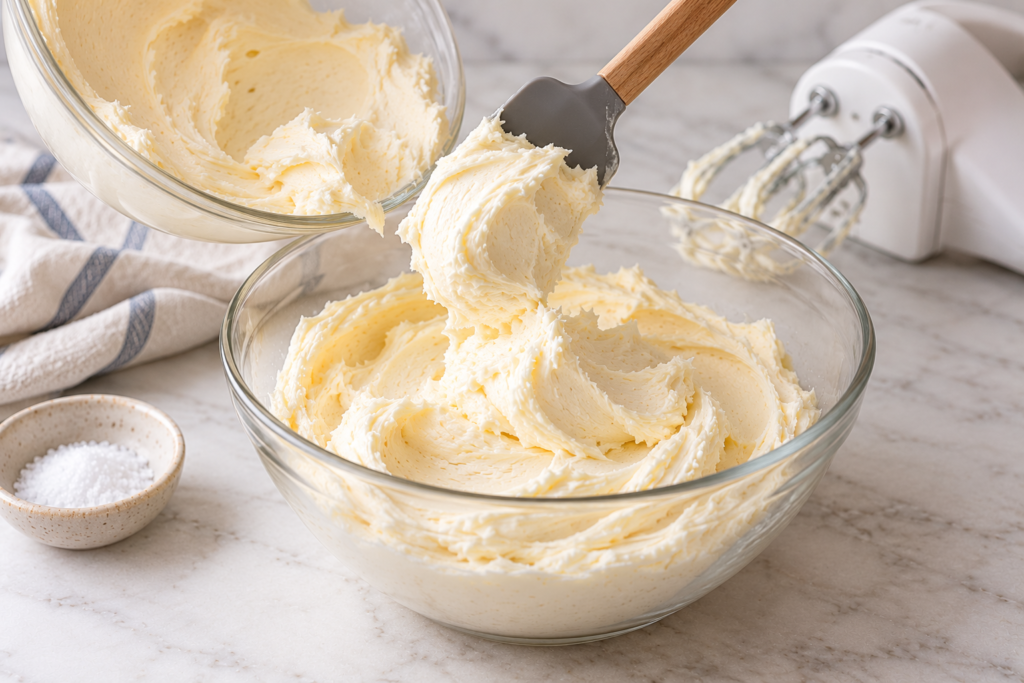 Folding buttercream together with a spatula to adjust the sweetness