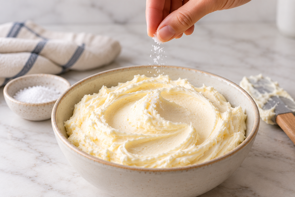 Sprinkling a small pinch of salt over a bowl of buttercream