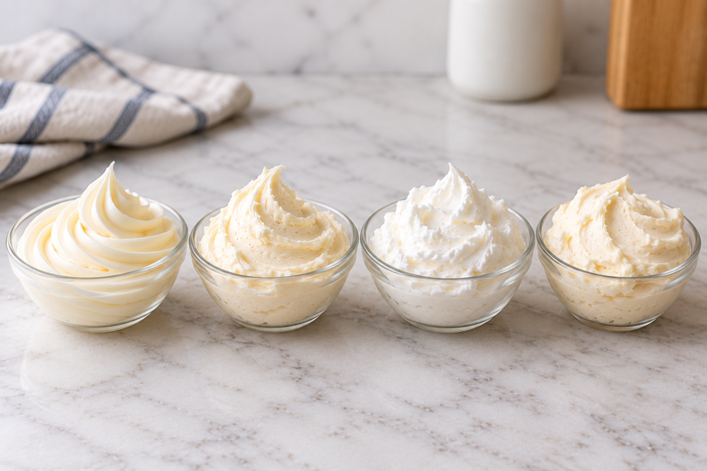 Four kinds of frosting piped side by side for comparison
