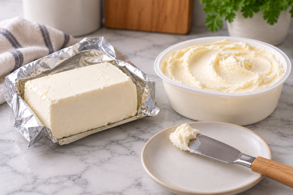 Block of cream cheese beside a bowl of soft spreadable cream cheese