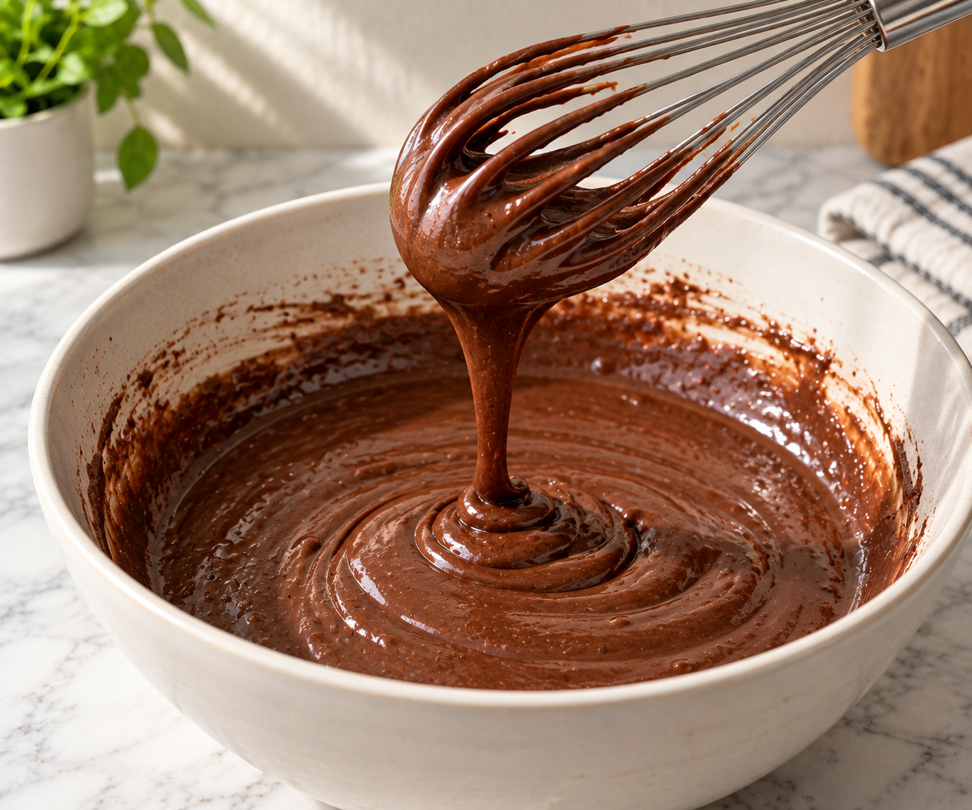 Smooth eggless chocolate cake batter dripping from a whisk