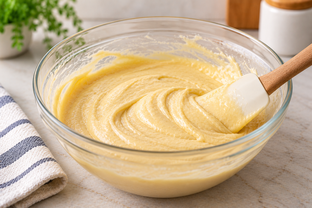 Smooth yellow cake batter in a mixing bowl with a spatula