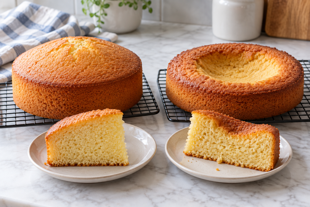 Cake cut open to show a sunken center that did not set