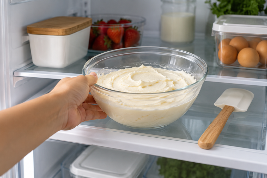 Bowl of cream cheese frosting with a soft, creamy texture