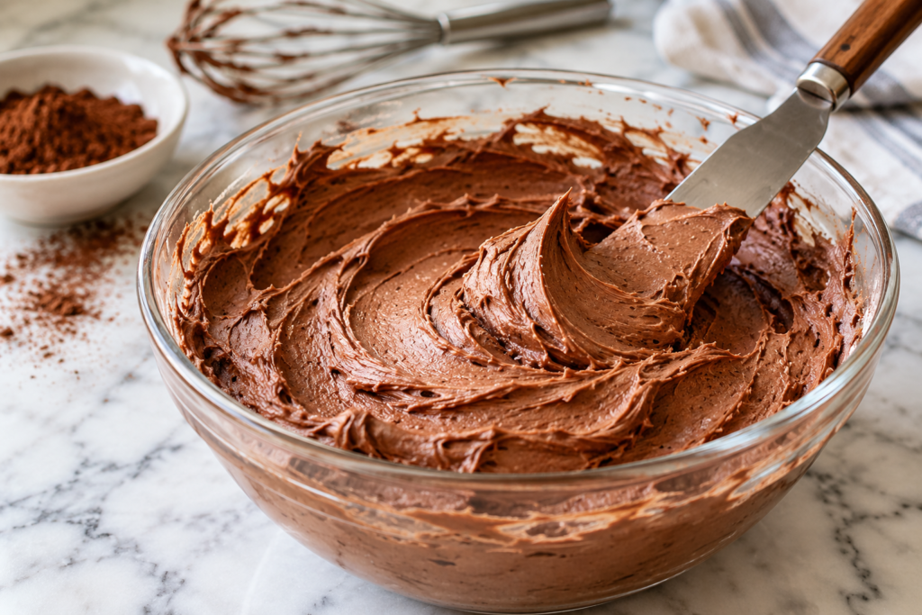 Bowl of fluffy chocolate buttercream frosting with an offset spatula