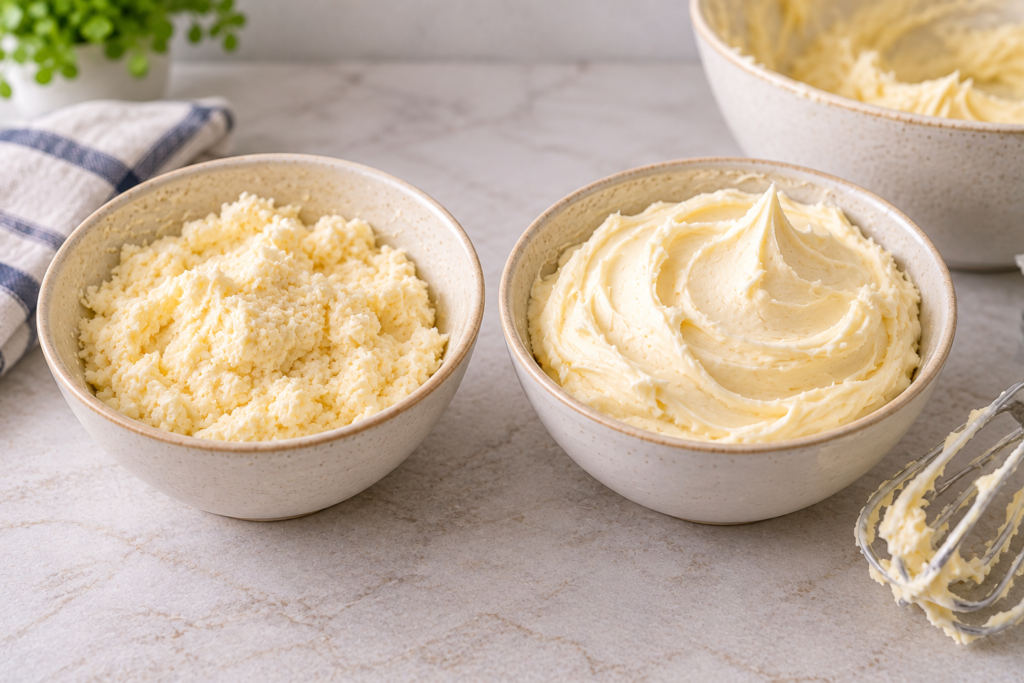 Curdled buttercream in one bowl beside smooth re-whipped buttercream in another