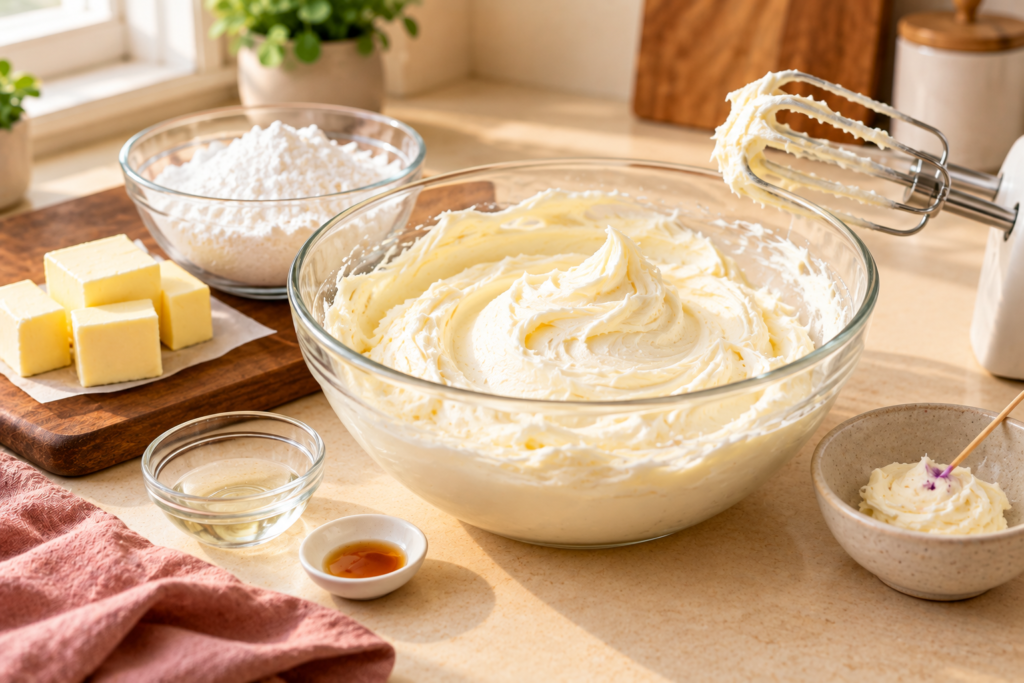 Bowl of pale whipped buttercream with butter, powdered sugar and a small bowl with a dot of violet gel