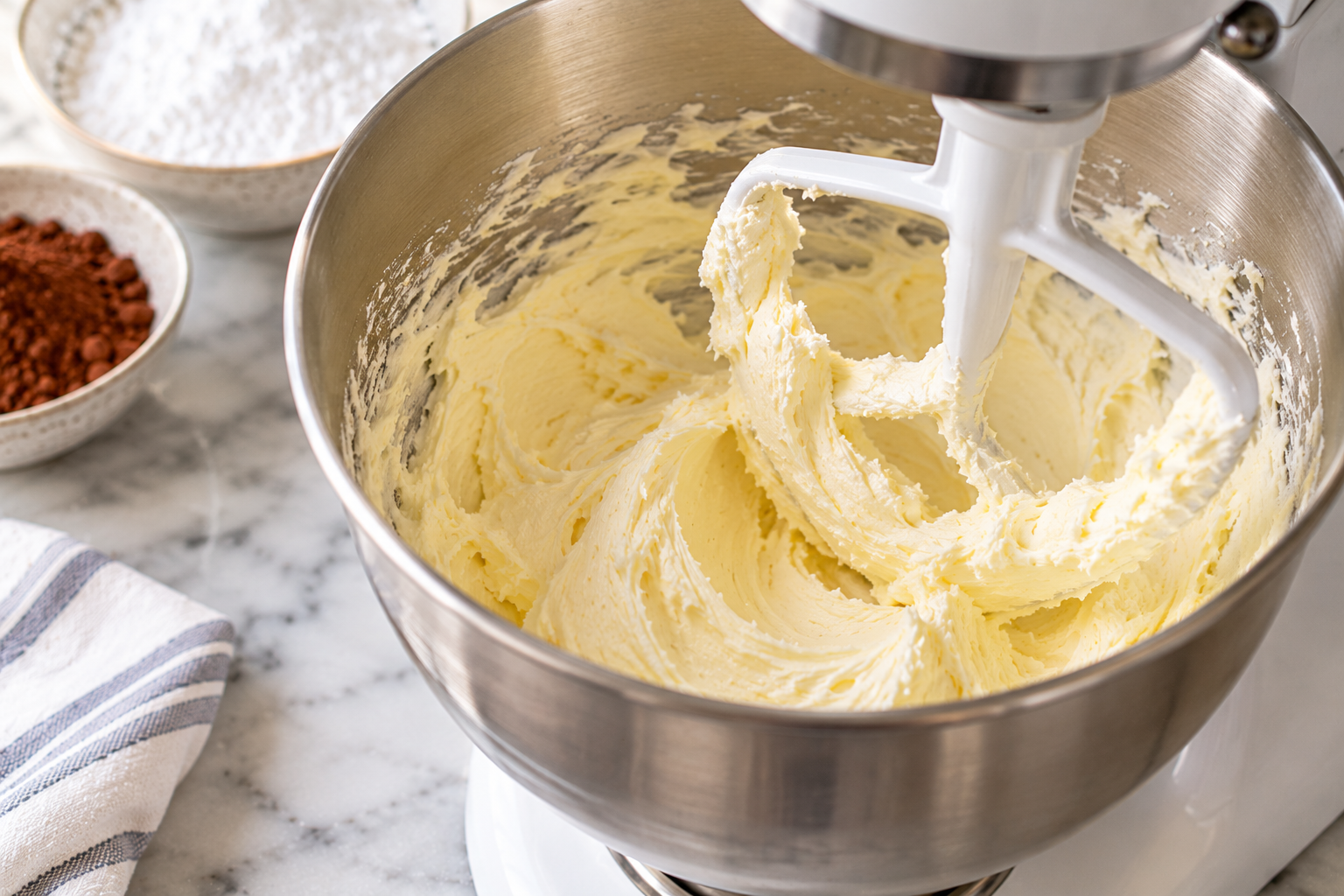 Pale, creamy beaten butter in a stand mixer bowl