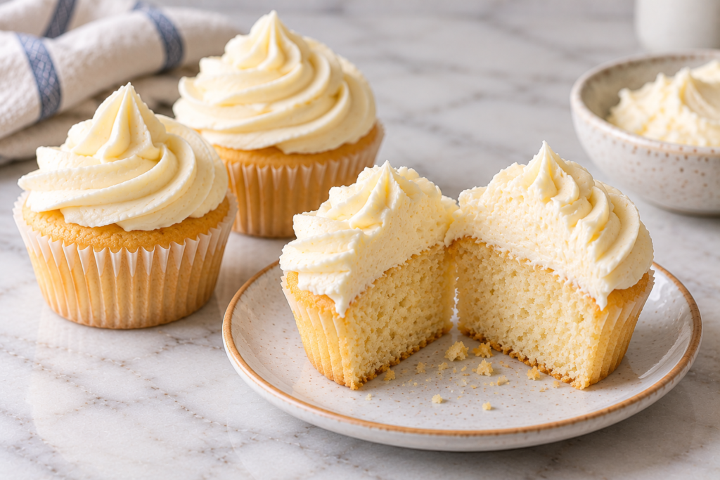 Cupcakes topped with swirls of less-sweet vanilla buttercream