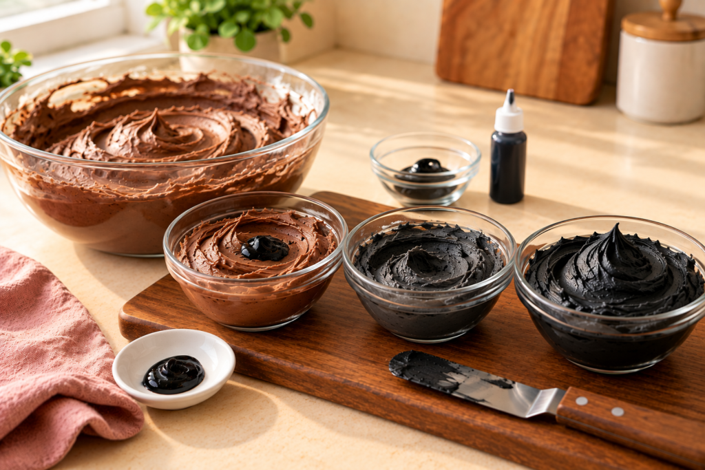 Chocolate buttercream turning black in three bowls beside a bottle of black gel coloring